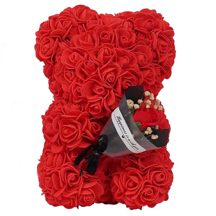 Cadou ursulet de plus cu trandafir conservat, cadou de Ziua Mamei/Ziua Indragostitilor, cutie cadou din PVC, rosu, 1 bucata
