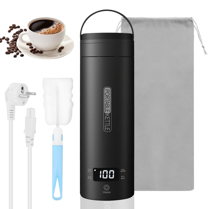 Fierbator Electric Portabil, Tip Termos, 500ml, 4 Temperaturi Presetate, Fierbere Rapida, Afisaj LCD, Interior Otel Inoxidabil 316, Protectie Anti-Uscare, 300W, Ideal pentru Calatorii si Birou, Negru