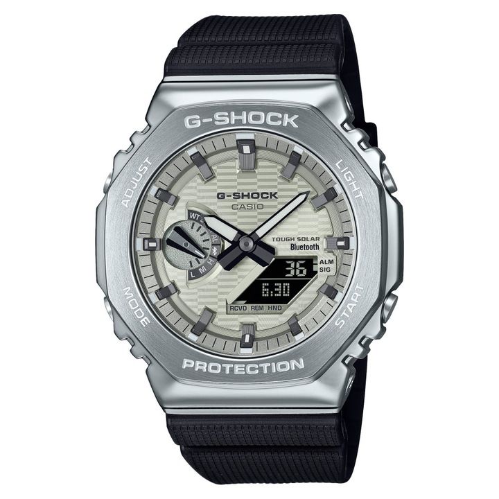 Ceas barbatesc G-Shock GBM-2100A-8B, cadran verde, carcasa din otel argintiu, 44x12mm, curea din piele, rezistent la apa 200m