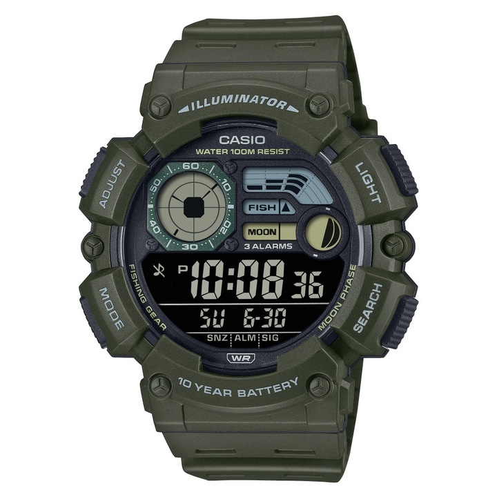 Ceas barbatesc Casio WS-1500H-3B, verde, 16mm, 100m impermeabil, curea din piele, cadran negru