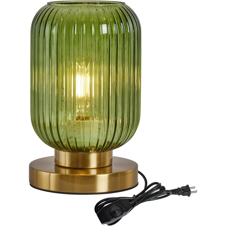 Настолна лампа Vintage, Kardleen®, Декоративен кехлибарен стъклен глобус с набразден модел, Елегантна златна месингова основа, Димируема, с превключвател за регулиране на интензитета на светлината, за спалня, всекидневна и офис, 20x15x33 см