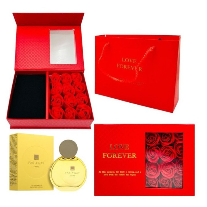 Подаръчна кутия Love Forever с 12 сапунени рози и парфюмна вода Avon Far Away Shine за жени 50 мл, ориенталски флорален парфюм, елегантен и изискан подарък