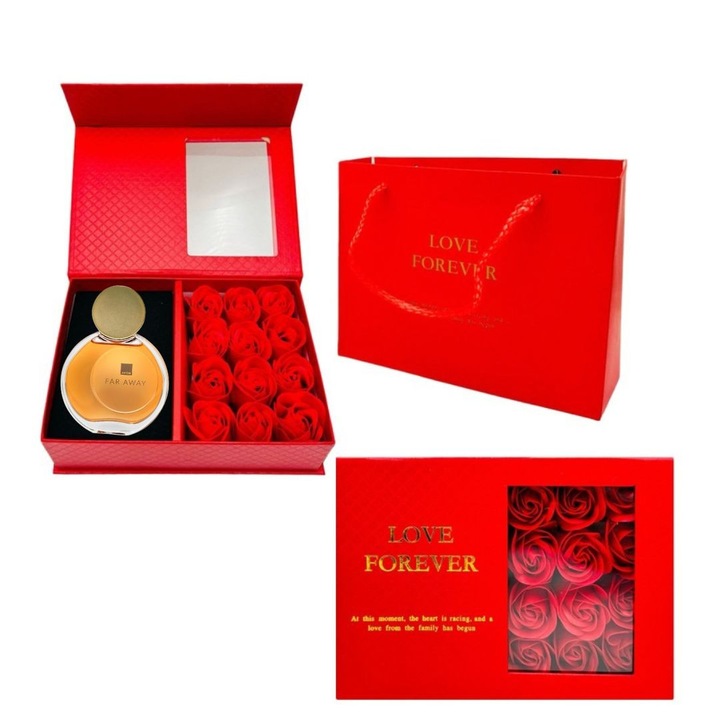 Love Forever díszdoboz 12 szappanrózsával és Avon Far Away női parfüm 50 ml, elegáns és kifinomult ajándék