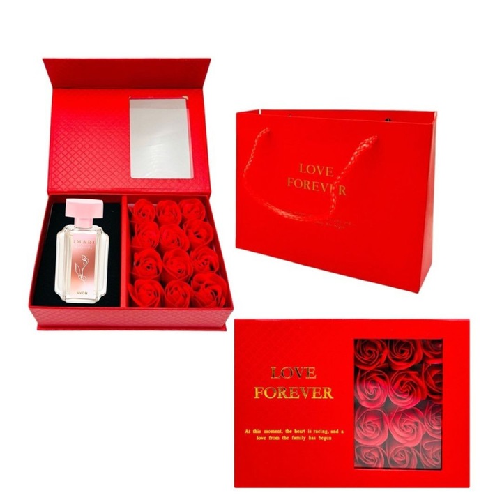 Cutie cadou Love Forever cu 12 trandafiri de sapun si apa de toaleta Avon Imari Naturelle pentru femei 50 ml, cadou elegant si rafinat