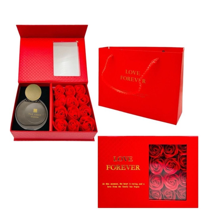 Cutie cadou Love Forever cu 12 trandafiri de sapun si apa de toaleta Avon Far Away Glamour pentru femei 50 ml, cadou elegant si rafinat