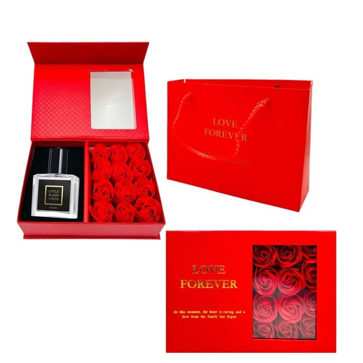 Love Forever ajándékdoboz 12 szappanrózsával és Avon Little Black Dress női parfümvízzel 30 ml, elegáns és kifinomult ajándék