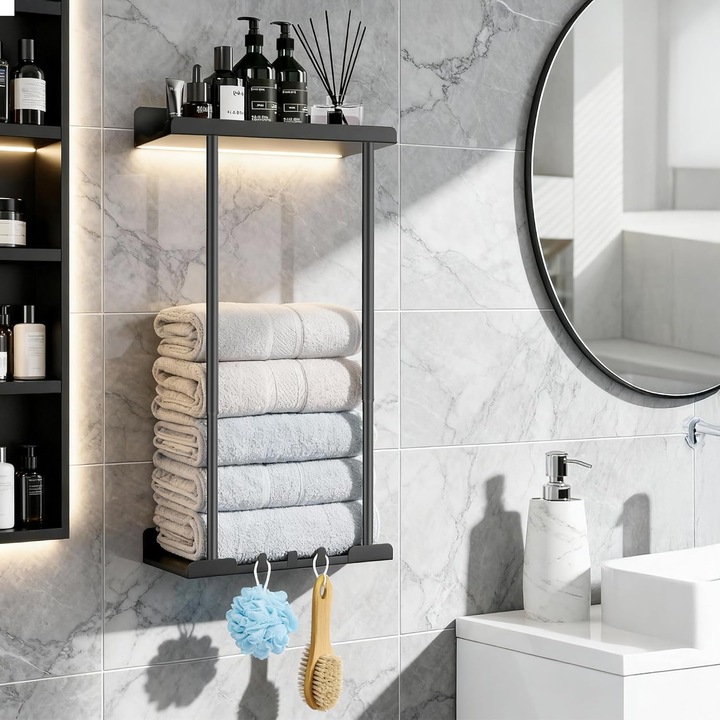 Suport prosoape extensibil fara gaurire ASDSED, inox, autoadeziv, spatiu mare de depozitare, 38–75 cm, Otel, culoare Negru