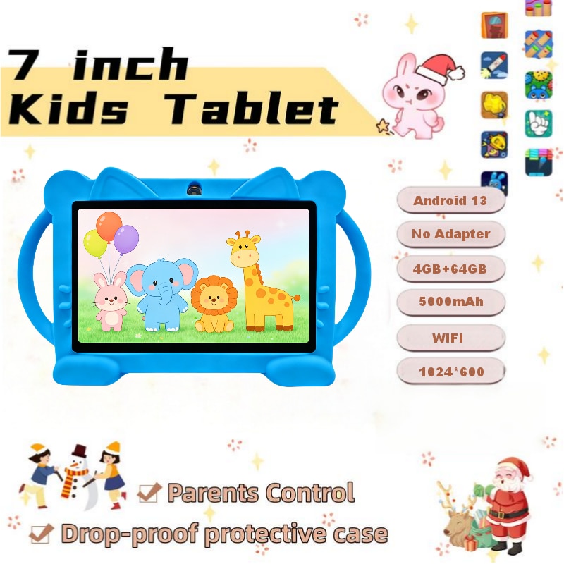 Tableta pentru copii de 7 inchi, sistem Android 13, procesor octa-core, 6 GB RAM, 64 GB stocare, compatibil Wi-Fi si Bluetooth, cadou ideal pentru sarbatori, albastru