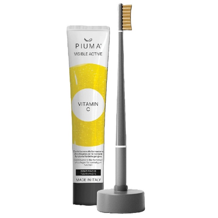 Set Vit C Asphalt Grey PIUMA pentru gingii sanatoase si dinți albi, protecție si regenerare a gingiilor cu vitamina C, antiinflamatoare, Pasta de dinti, 75 ml + Periuta de dinti, 1 buc.