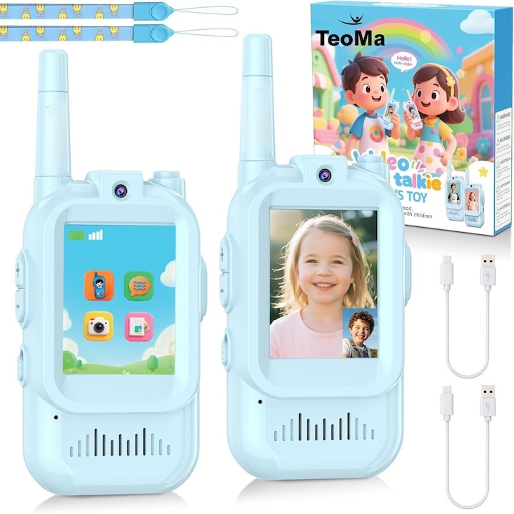 Walkie Talkie Video pentru Copii TeoMa™, Set 2 Statii cu Functii Apel video, Mesagerie Vocala, Camera Foto Selfie, Galerie Foto, Ecran 2.0 Inch, 3 Efecte Interactive de Voce, Baterie Reincarcabila, 2 Snururi, 2 Cabluri USB-C, Blue
