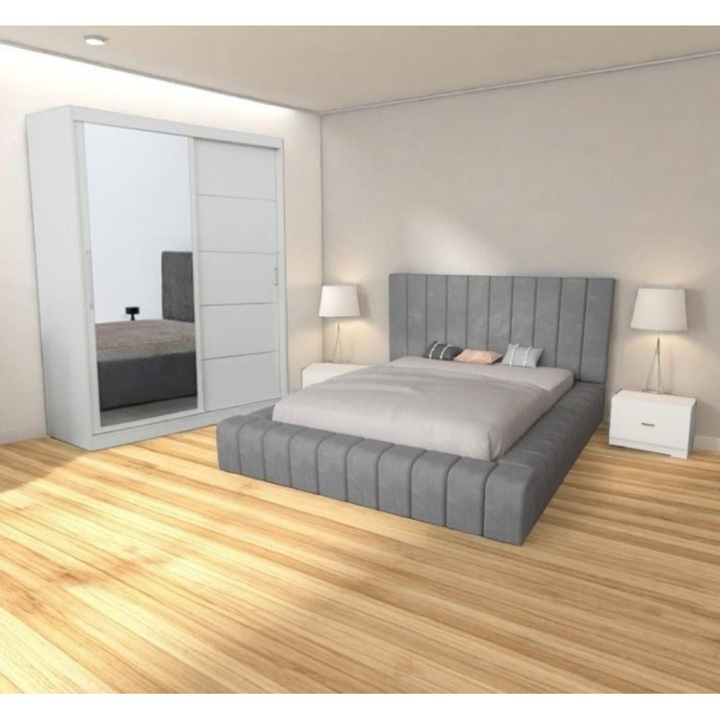 Set dormitore CELA, pat 160x200cm, gri, dulap, noptieră