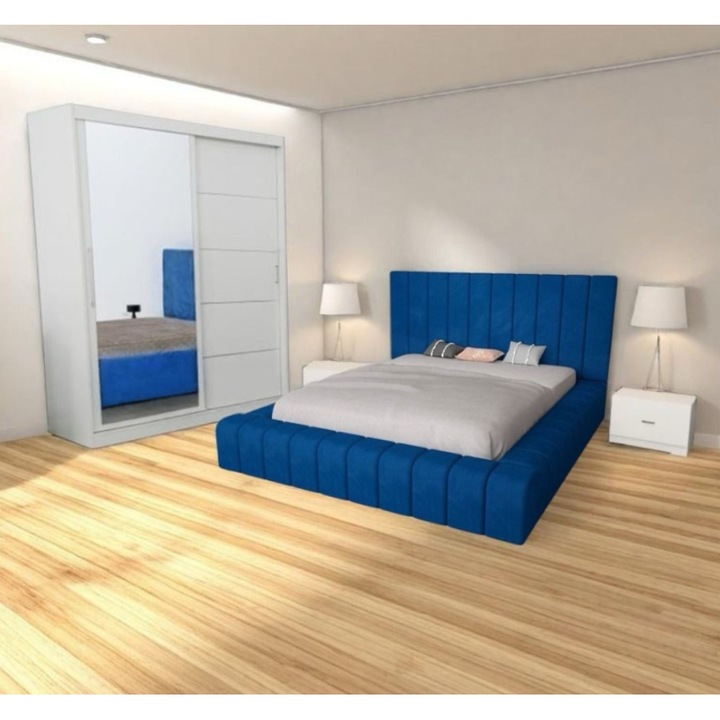 Set dormitor CELA, albastru, pat 160x200cm, dulap 150x208cm, noptieră
