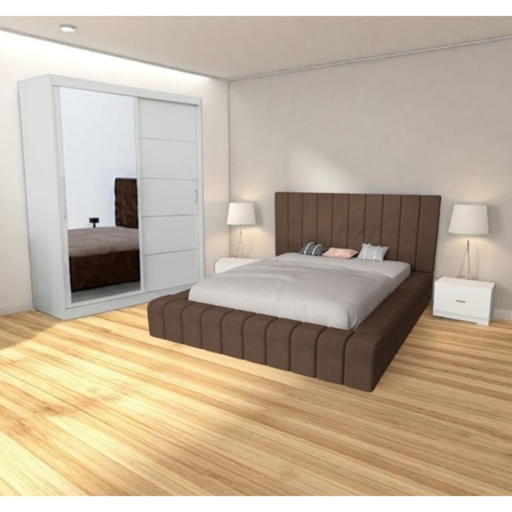 Set Dormitor CELA, pat 160x200cm, dulap 150x208cm, noptieră, maro