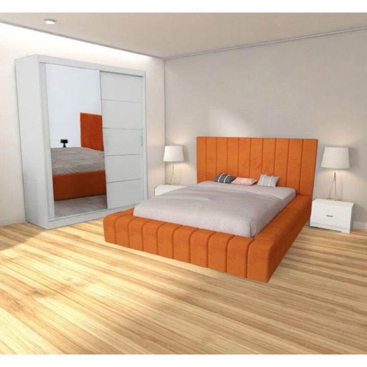 Set dormitor CELA, caramiziu, pat 160x200cm, dulap 150x208cm, noptieră