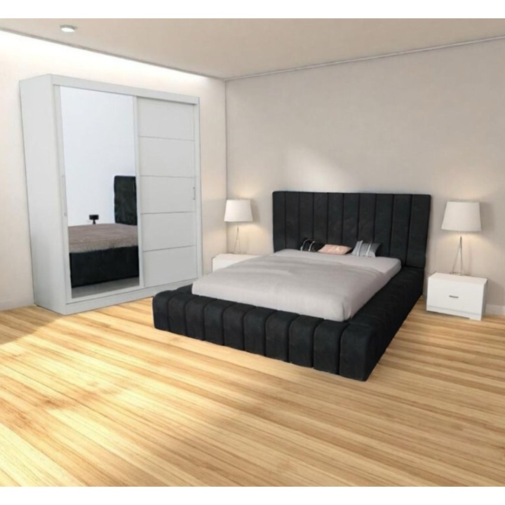 Set dormitor CELA, negru, pat 160x200cm, dulap 150x208cm, noptieră