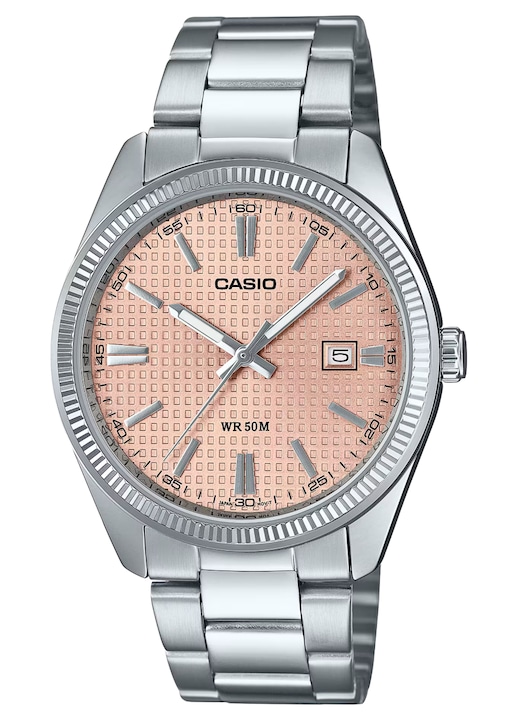 Мъжки часовник Casio, MTP-1302PE-4AVEF, сребриста кутия, розов циферблат, кожен каишка, 38.5x44.2x9.2mm