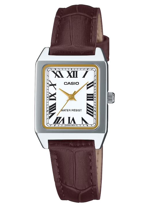Casio Часовник за жени LTP-B150L-7B2EF, сребрист квадратен корпус, кафява кожена каишка, кварцов механизъм