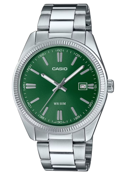 Часовник Casio, мъжки, MTP-1302PD-3AVEF, сребрист, зелён циферблат, неръждаема стомана, кварцов механизъм