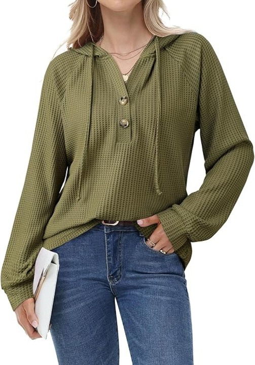 Bluza texturata larga, cu maneci lungi, decolteu V cu nasturiwqf, Verde