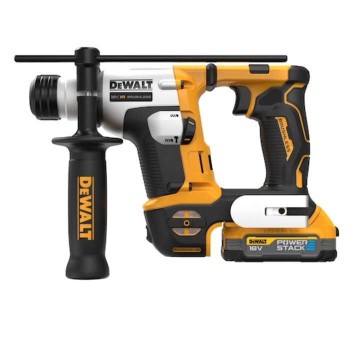 Ciocan rotopercutor profesional pe acumulator DeWALT DCH172E2T, SDS-Plus, 18V XR, motor fara perii, 1.4 J, 1060 RPM, 4980 BPM, 2x acumulator Li-Ion 1.7 Ah POWERSTACK, iluminare LED, diametru maxim 16mm, maner lateral, cutie, incarcator rapid