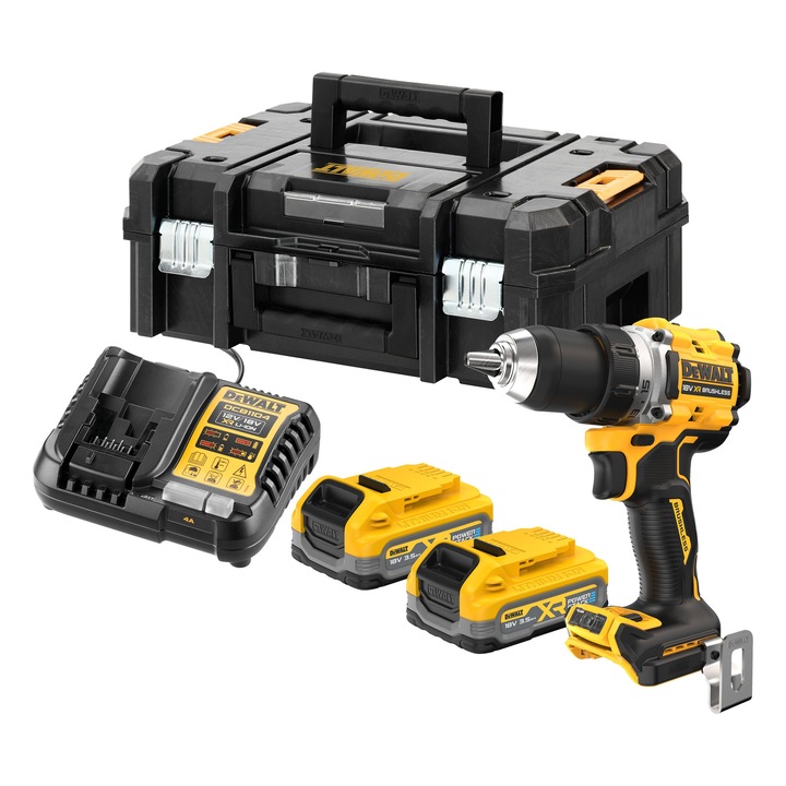 Masina compacta de gaurit si insurubat (bormasina) pe acumulator DeWALT DCD800S2T, 18V XR, motor fara perii, 2x acumulator 3.5 Ah POWERSTACK, 27/90 Nm, 2000 RPM, 2 viteze, iluminare LED, include cutie transport TSTAK, incarcator rapid