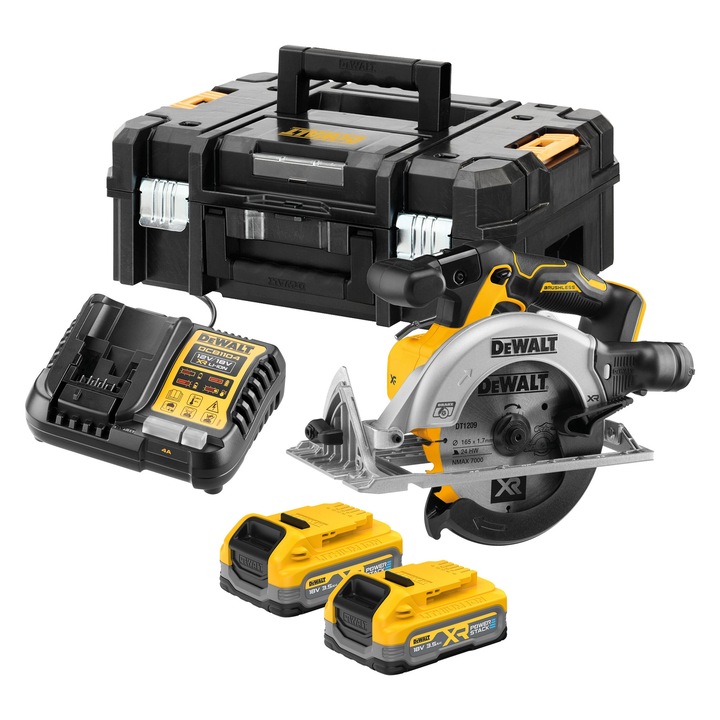 Fierastrau circular profesional pe acumulator DeWALT DC565S2T, 18 V XR, brushless, disc 165 mm, 2x acumulator Li-Ion 3.5 Ah POWERSTACK, iluminare LED, frana electronica, sistem evacuare praf incluse Air Lock, cutie TSTAK, incarcator rapid, Made in CZ