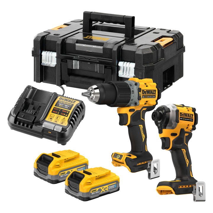 Set 2 scule profesionale pe acumulator DeWALT DCK2050S2T, 18V XR, motor fara perii, masina de gaurit cu percutie DCD805, masina de insurubat cu impact DCF850, 2x acumulator Li-Ion 3.5 Ah POWERSTACK, incarcator rapid, cutie transport TSTAK