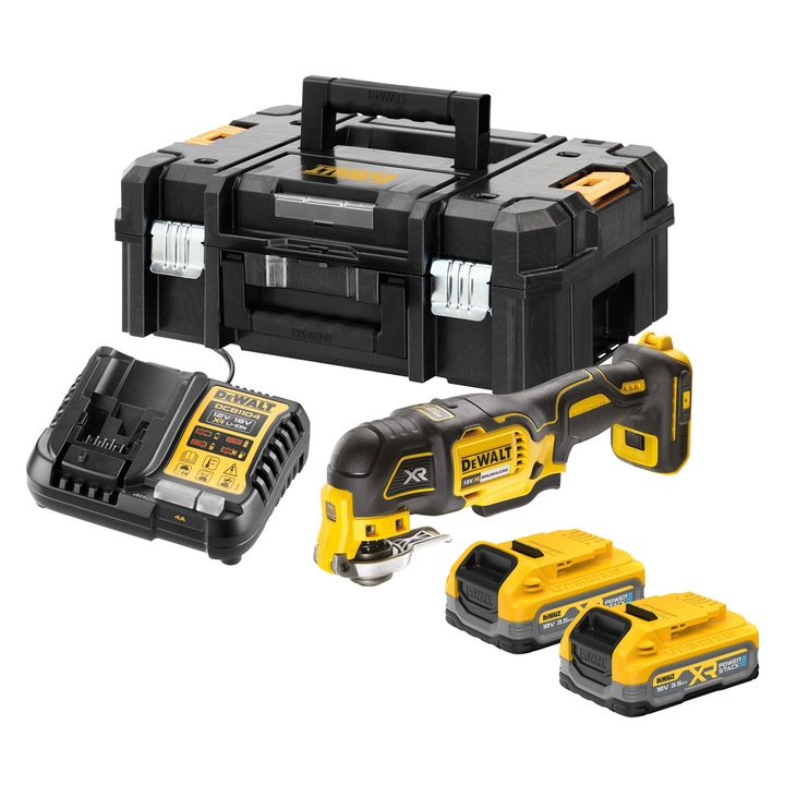 Unealta multifunctionala oscilanta pe acumulator DeWALT DCS356S2T, 18V XR, brushless, 20.000 osc/min, 2x acumulator Li-Ion 3.5 Ah POWERSTACK, iluminare LED, sistem accesorii Quick-Change, include cutie transport TSTAK, incarcator rapid, Made in CZ
