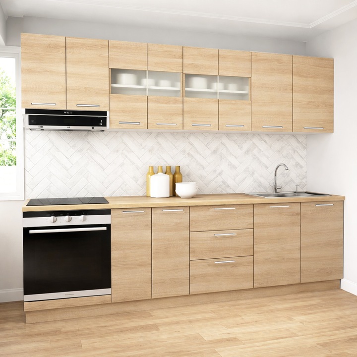 Set mobilier de bucatarie cu soft-close, BadenMob Germania, 260cm, corpuri inalte, blat gros, corp cuptor, Sonoma