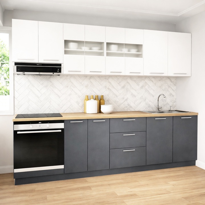 Set mobilier de bucatarie cu soft-close, BadenMob Germania, 260cm, corpuri inalte, blat gros, corp cuptor, Antracit/Alb