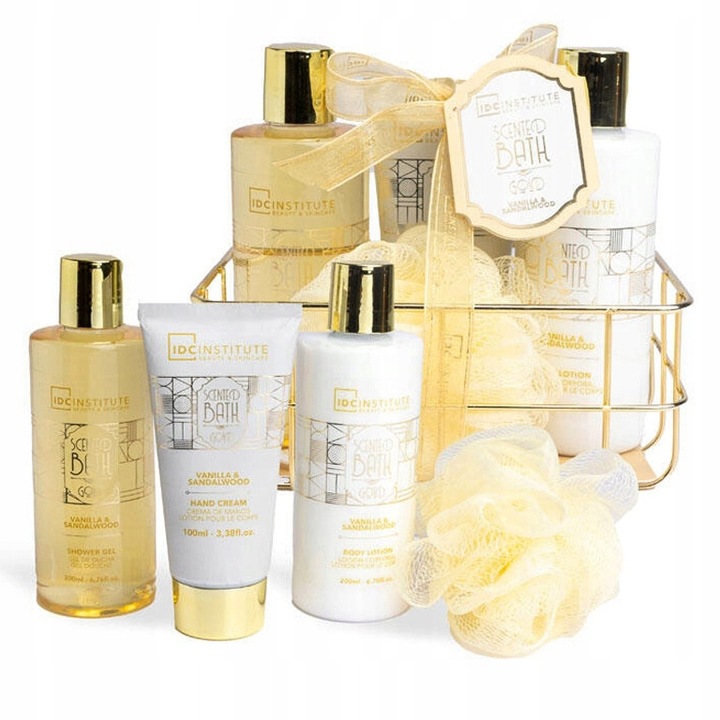 Подаръчен комплект SPA Gold Basket Box, IDC Institute, аромат на ориенталска ванилия и сандалово дърво, съдържа душ гел, лосион, крем за ръце и гъба, луксозна златна опаковка тип кошница, пълен ритуал за грижа