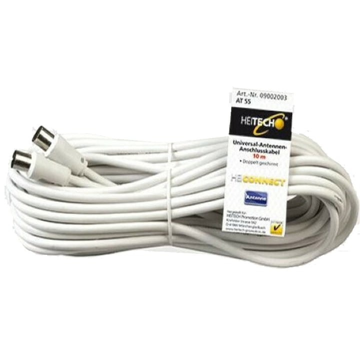 Cablu antena TV Heitech, Coaxial, Tata-Mama, 10m, Alb