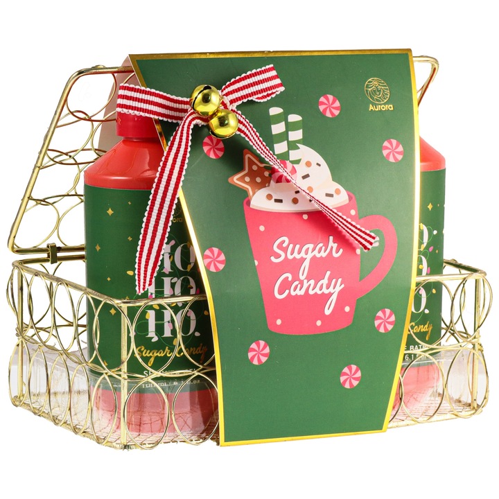 Комплект козметични подаръци Xmas Sugar Candy, Aurora, 4 елемента в златна метална кошница, съдържа душ гел 180мл, пяна за вана 180мл, лосион за тяло 60мл и гъба, сладък коледен аромат, SPA релакс
