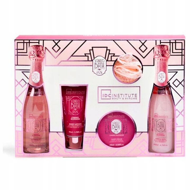 Козметичен подаръчен комплект SPA Rose & Cherry Blossom, IDC Institute, 5 елемента, съдържа гел 200ml, лосион 200ml, крем за ръце, ексфолиант и гъба, аромат на роза и черешов цвят, хидратация