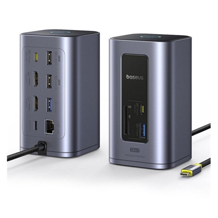 Baseus type-c hub 12in1, elosztó, 100w, 4 usb+3 type-c+rj45+2 hdmi+tf/microsd kártya aljzat, pd gyorstöltő, sötétszürke