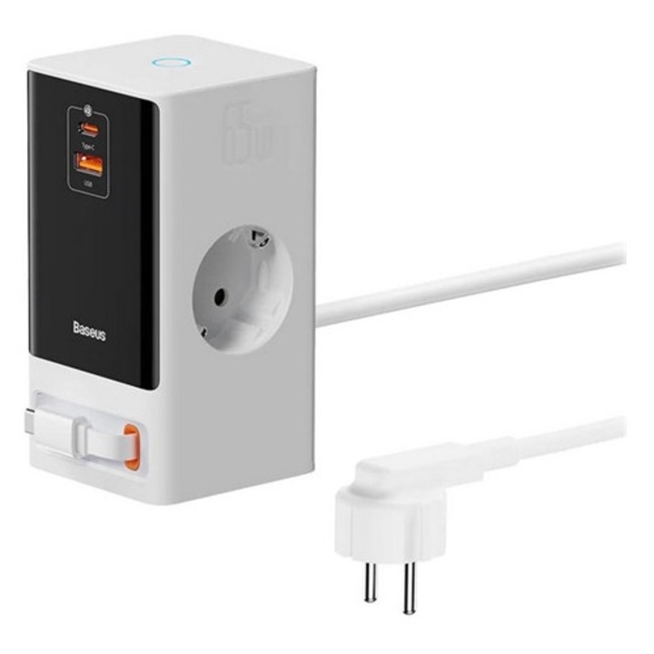 Baseus powercombo hálózati elosztó ac+usb+type-c aljzat, 65w, pd gyorstöltő 3.0 + fix, csévélhető type-c kábel, fehér