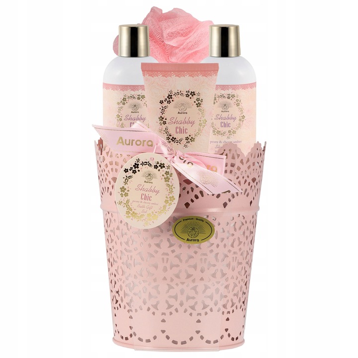 Комплект козметичен подаръчен в розова метална кошница, Aurora, 4 елемента, аромат на божур и черешов кехлибар, съдържа душ гел 200мл, лосион за тяло 200мл, крем за ръце 60мл и гъба, ежедневна грижа