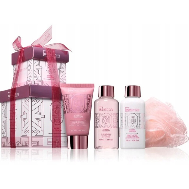 Set cadou de baie Scented Bath Rose Double, IDC Institute, 4 elemente pentru femei si adolescente, contine gel de dus, lotiune de corp, crema de maini si burete, aroma de trandafir, hidratare intensa