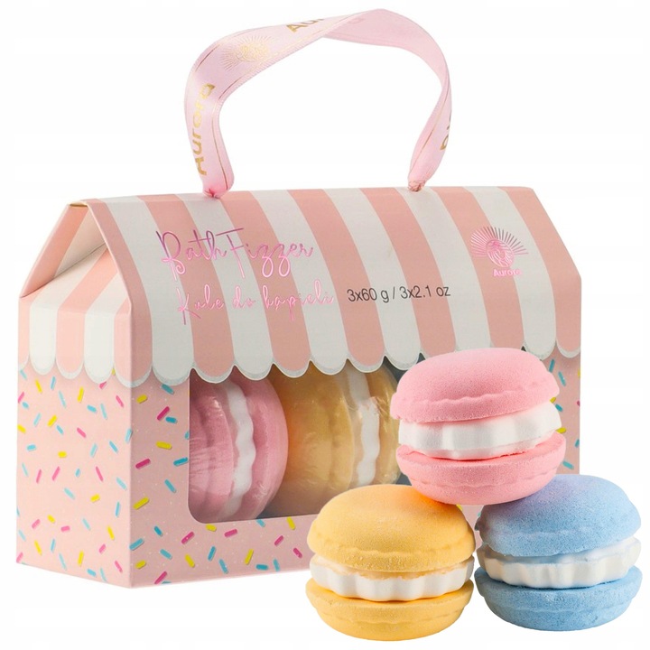 Подаръчен комплект ефервесцентни бомбички за баня Aurora Macarons, 3x60g, форма на макарони, сладък аромат на манго и круша, елегантна опаковка, създава ароматна и релаксираща пяна, специален спа център за сетивата