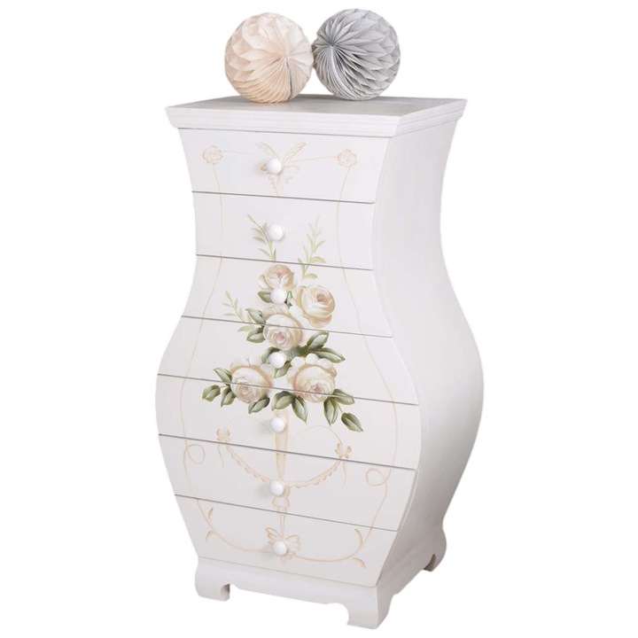 Comoda vintage ecru cu flori, 79x43cm, shabby chic