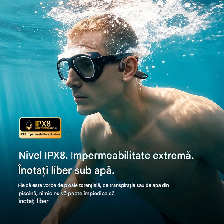 VeniSymlis® Casti conductie osoasa S7 cu Bluetooth 5.4 si memorie interna 32GB, impermeabile grad IP8 pentru inot, autonomie 8 ore, casti wireless sport cu microfon si anulare zgomot apel