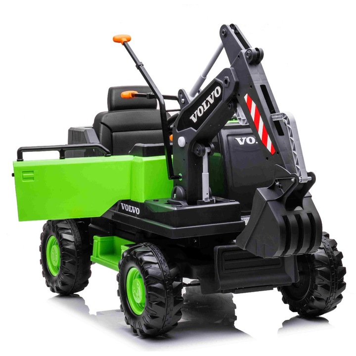 Excavator electric Volvo 12V, cu cupa, scaun din piele moale, verde, 162x73,5x96cm, pentru copii 3-8 ani, set cu 150 bile plastice