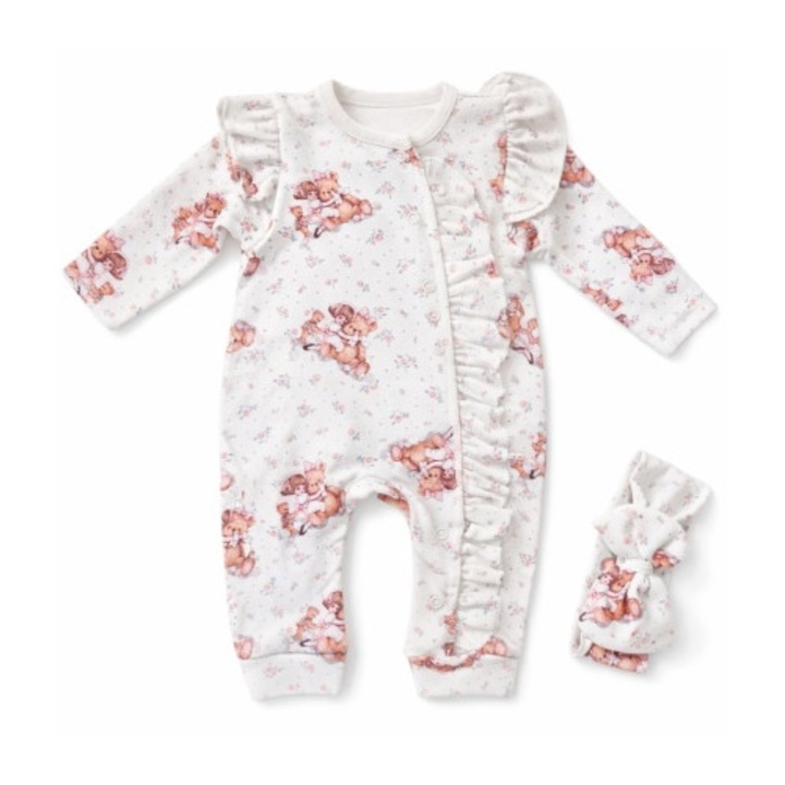 Body bebe fetite cu volane bumbac set cu bentita imprimeu ursulet, Bumbac, 3-6 luni, Multicolor