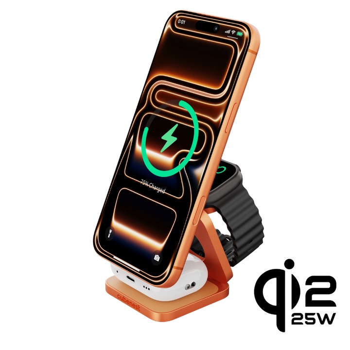 Încărcător magnetic wireless pliabil Cubenest Qi2.2 3 în 1 Titan SQ312 Ultra compatibil Apple