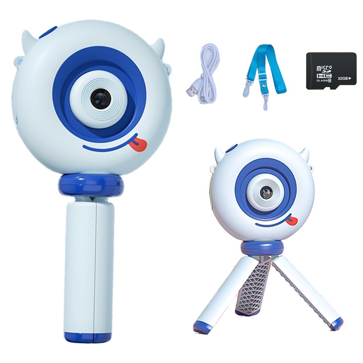 Kompakt digitális fényképezőgép 32 GB-os memóriakártyával, Aiorber, tartó, 48 W, 600 mAh, kettős elülső és hátsó kamera, 2.0 IPS képernyő, videofelvétel funkció, gyerek fényképezőgép, kék