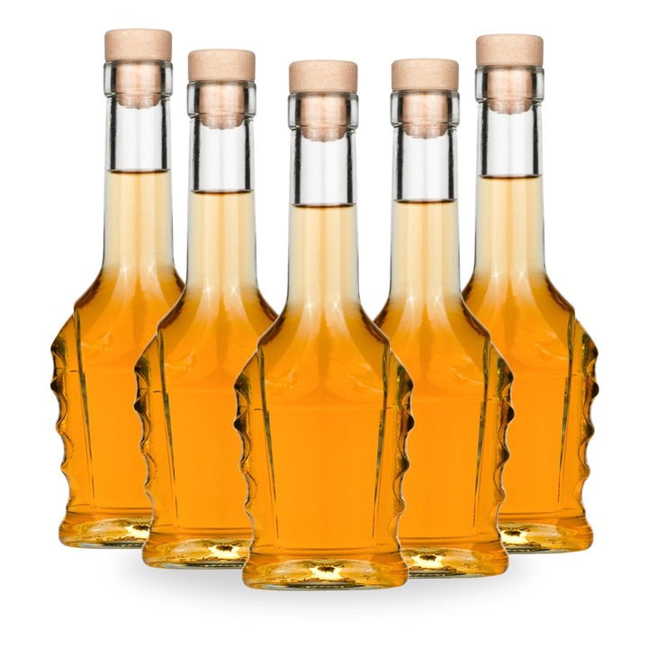 Set 5 sticle din sticla, 250 ml, design elegant, cu dop sintetic tip ciuperca, pentru bauturi si cadouri