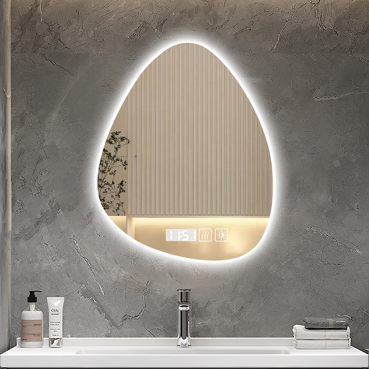 Oglindă baie UWOT picătură 40x60 cm, iluminare tricoloră, rezistentă la abur