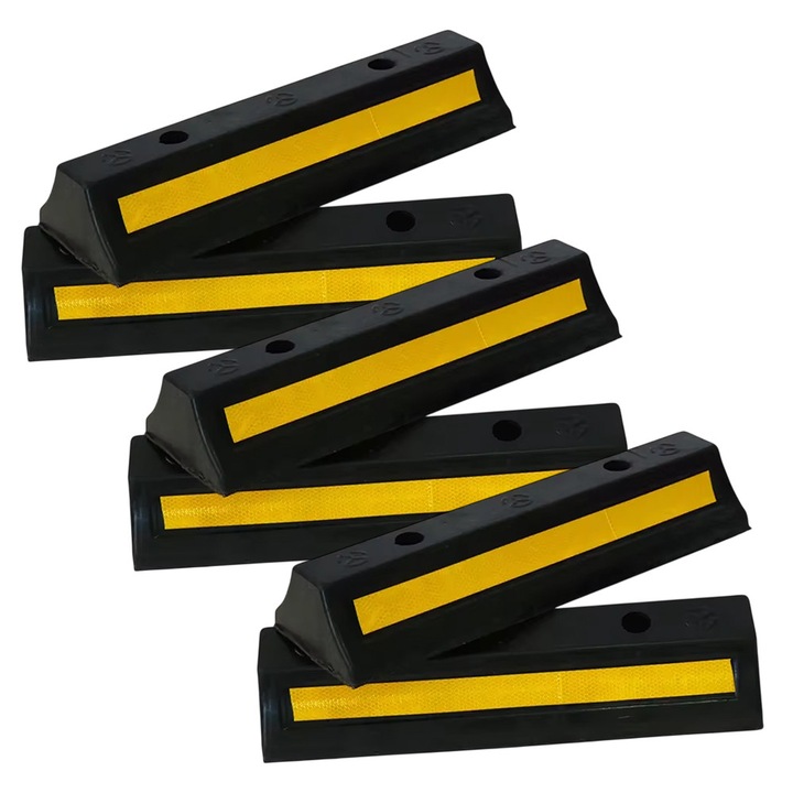 Комплект 6x Ограничител за Паркиране на Колела, Светлоотразителни Ленти, Повишена Видимост, Разделител за Паркиране от Издръжлива Гума, 55 x 15 x 10 см, Черен/Жълт