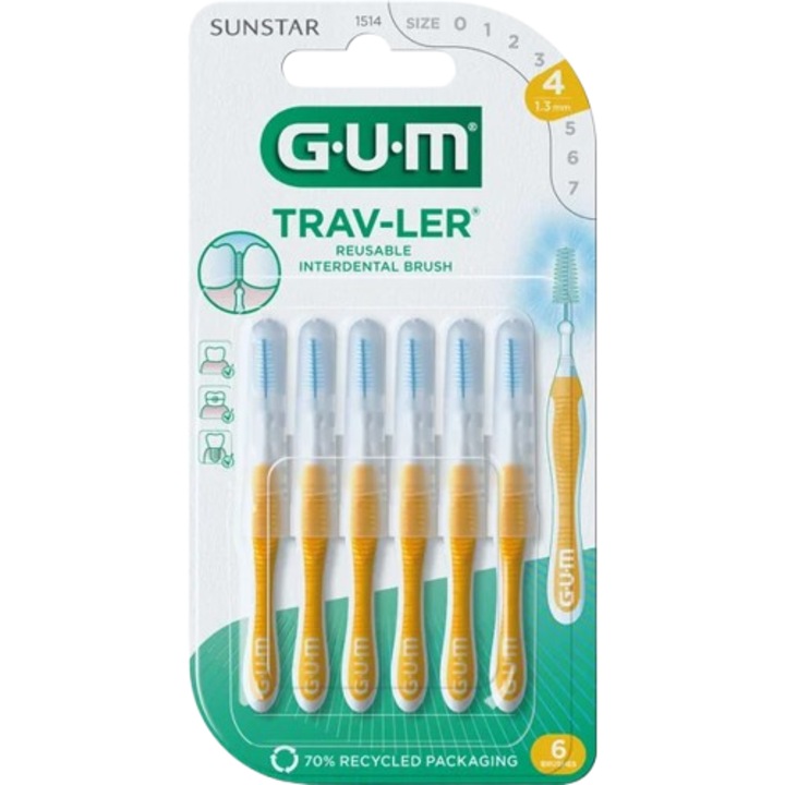 Интердентални четки за зъби GUM, конус, жълти, 1.3 mm, 6 бр