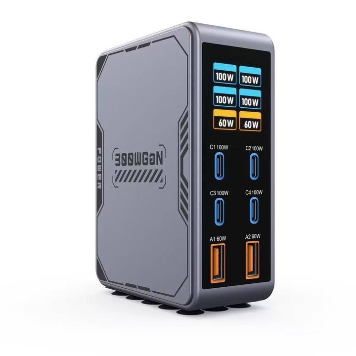 Станция за зареждане GaN 300W (обща мощност), бързо зареждане USB-C PD + USB-A, за лаптопи/телефони/таблети, едновременно зареждане у дома и в офиса (мощността се разпределя автоматично)